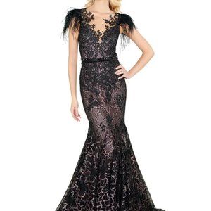 Mac Duggal embellished feather cap sleeve illusion neck trumpet gown. NEW